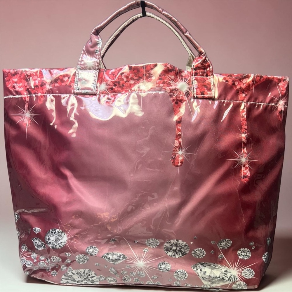Ombre Diamonds Glitter Print Tote Bag Large Red Pink Glossy Travel Shopping New
